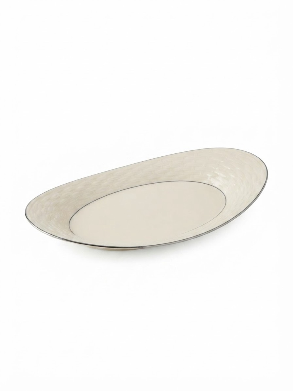 Lenox Ivory Basket Weave Appetizer/Dessert Dish Platinum Trim 13"Lx 6.25W